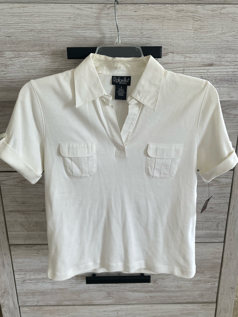 Rafaella Petites Cotton Short Sleeve Polo Shirt V-Neck in White Small NWT